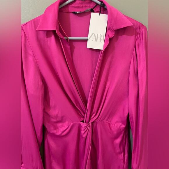 Zara NWT pink long sleeve twist from satin dress size medium - Picture 5 of 9
